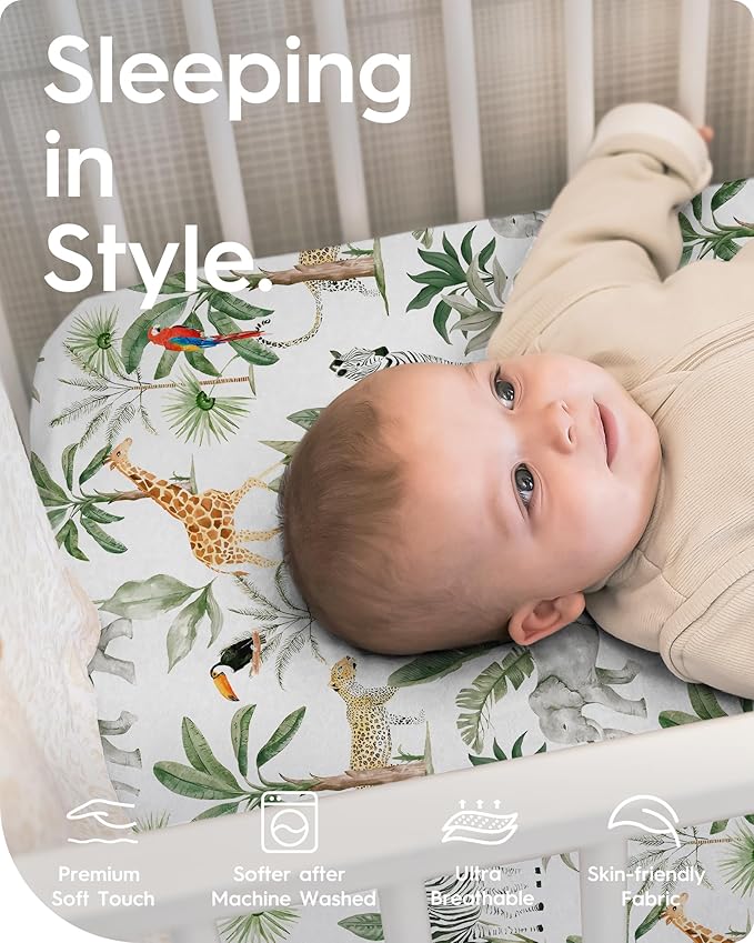 Pack N Play Sheets Fitted, TotBasic Ultra Soft Woodland Mini Crib Sheets, Premium Jersey Knit Pack and Play Sheets, Stretchy Neutral Play Yard Sheets for Pack and Play Mattress, 2 Pack (Animal Safari)