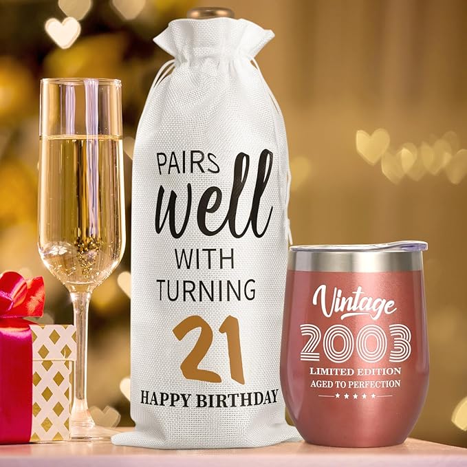 Lifecapido 21st Birthday Gifts for Her, 12oz Vintage 2003 Insulated Wine Tumbler with Wine Bag, Gifts for 21st Birthday Female, 21 Year Old Birthday Gifts for Her, 21st Birthday Presents for Daughter