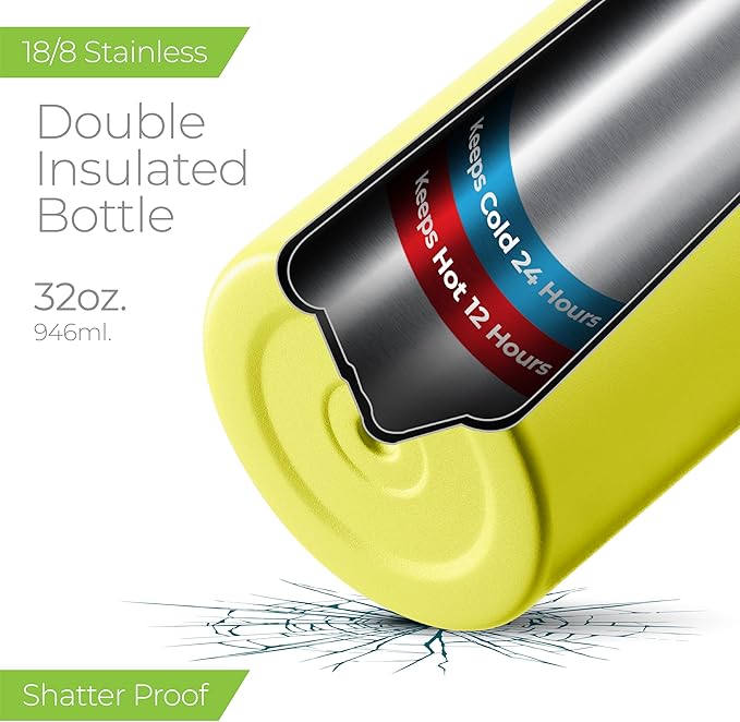 SipX™ Triple-Insulated Stainless Steel Water Bottle 32oz. With 3 Lids, BPA-Free Reusable Insulated Water Bottle Keeps Cold 24 Hours, Metal Water Bottle Made Of Sustainable Material For Hiking & Biking