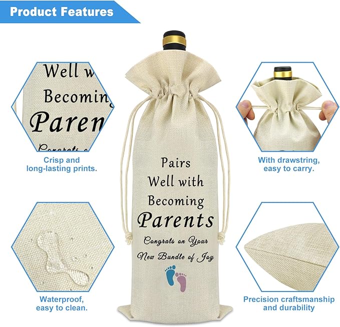 New Parents Gift Promoted to Parents Wine Bag Pregnancy Announcement Gifts for Becoming Parents New Mom New Dad Gifts Baby Shower Gender Reveal Gifts Drawstring Burlap Wine Bag Dad Mom to Be Gifts