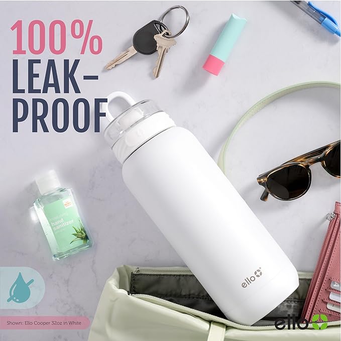 Ello Cooper 40oz Stainless Steel Water Bottle with Straw and Carry Handle, Double Walled and Vacuum Insulated Metal, Leak Proof Locking Lid with Soft Silicone Spout, Reusable, BPA Free, Sage