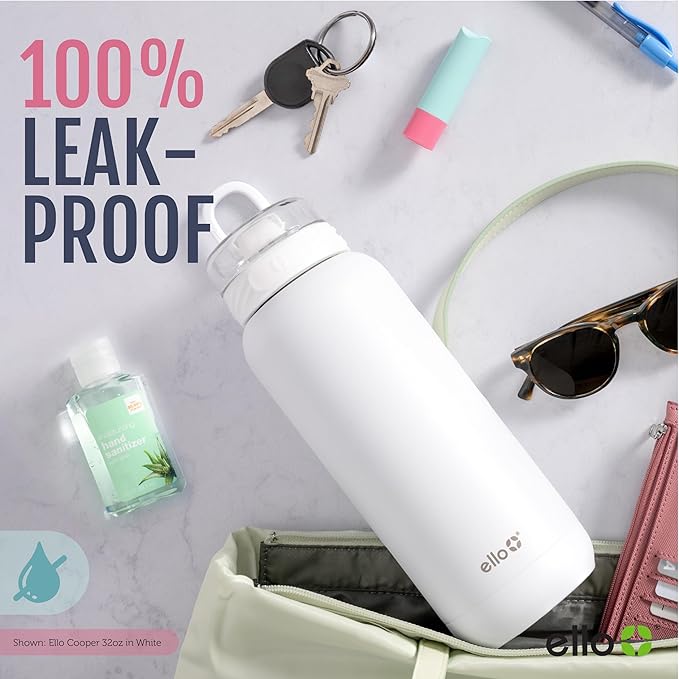 Ello Cooper Vacuum Insulated Stainless Steel Water Bottle with Soft Straw and Carry Loop, Double Walled, Leak Proof, Cashmere Pink, 32oz