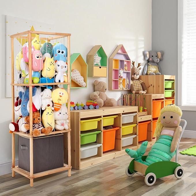 ACEPRUT Wood Stuffed Animal Storage Holder with Storage Basket, Space Save Three Tier Vertical Large Stuffed Animal Zoo Organizer for Playroom Bedroom, Toy Storage Birthday Gifts for Kids
