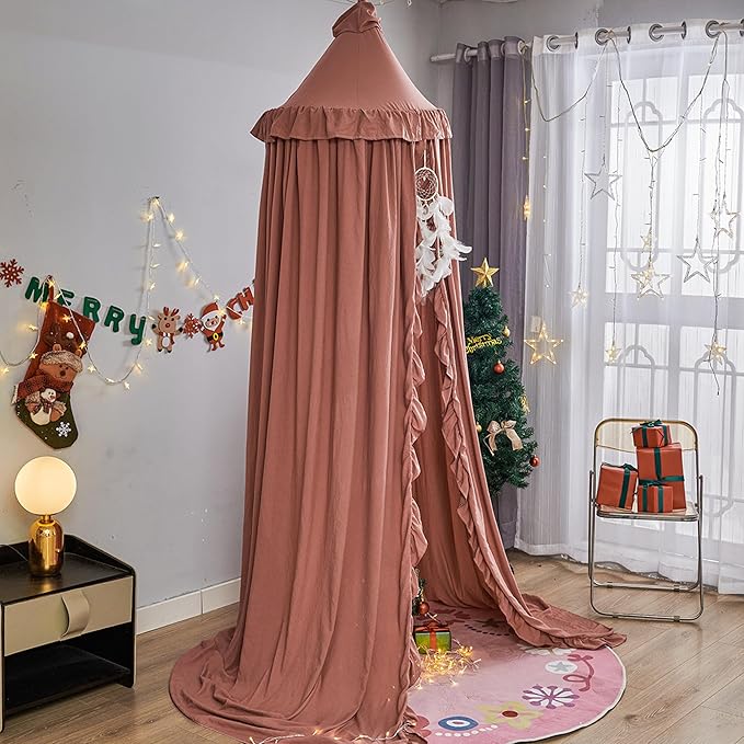 VETHIN Bed Canopy for Girls Kids,Princess Round Dome Children Dreamy Mosquito Net Bedding Girls Room Castle Play Tent Hanging House Decor Reading Nook Canopies (JujubeRed)
