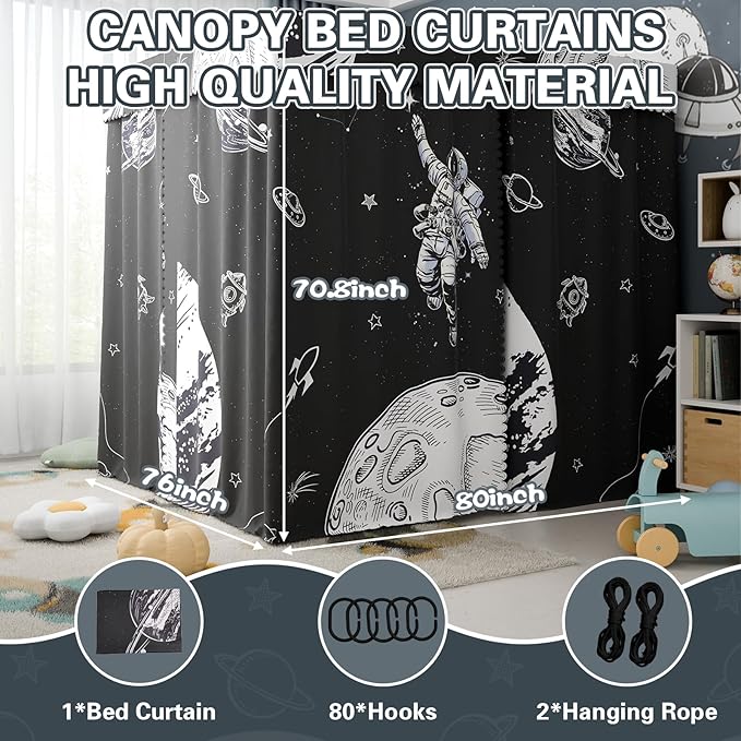Astronaut Canopy Bed Curtains - 4 Corner Post Bed Curtains Canopy King Bed Canopy Curtains for Children Girls Bedroom Decoration(Astronaut, King)
