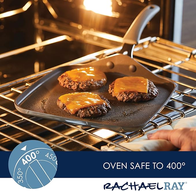 Rachael Ray - 16802 Rachael Ray Cucina Nonstick Cookware Pots and Pans Set, 12 Piece, Sea Salt Gray & Cook + Create Nonstick Stovetop Griddle/Grill Pan, Square, 11 Inch, Gray