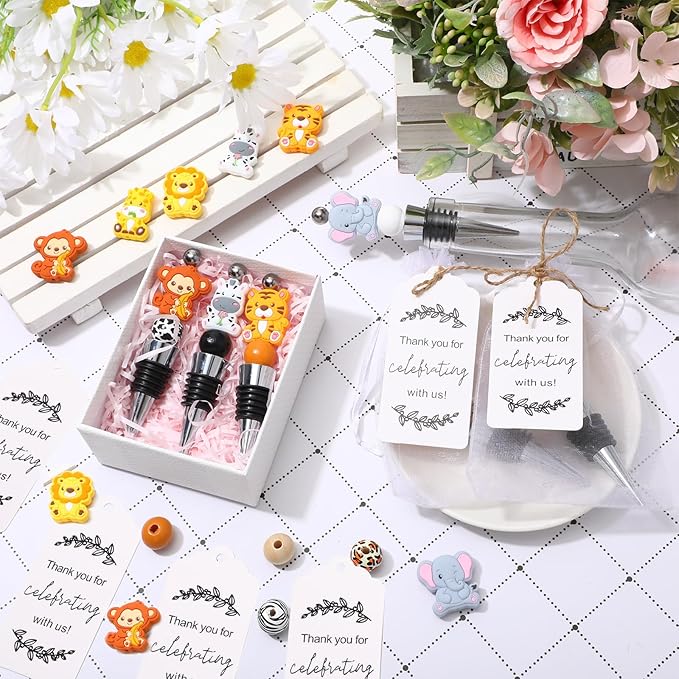Gisafai 24 Sets Beadable Wine Stoppers for Wine Bottles Bulk Reusable Wine Saver Corks Jungle Animals Silicone Beads with Bags Labels Ropes for Baby Shower Gifts DIY Safari Wedding Party Bar Summer