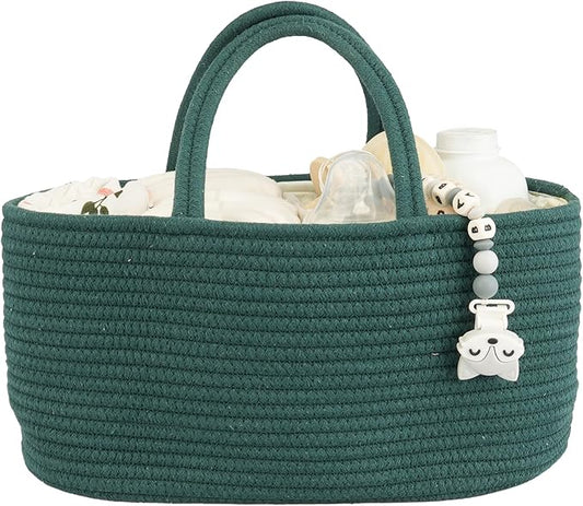 Baby Diaper Caddy Organizer for Girl Boy Rope Nursery Storage Bin Basket Portable Holder Tote Bag for Changing Table Car Travel Baby Shower Gifts Newborn Essentials Registry Must Have Items Dark Green