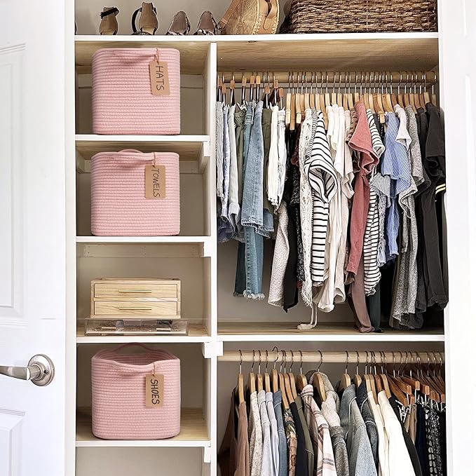 Goodpick Woven Storage Basket for Shelves, Small Baskets for Organizing, Rectangle Baby Nursery basket, Towel Baskets for Bathroom, Living Room, 13 x 10 x 9 Inches, Light Pink