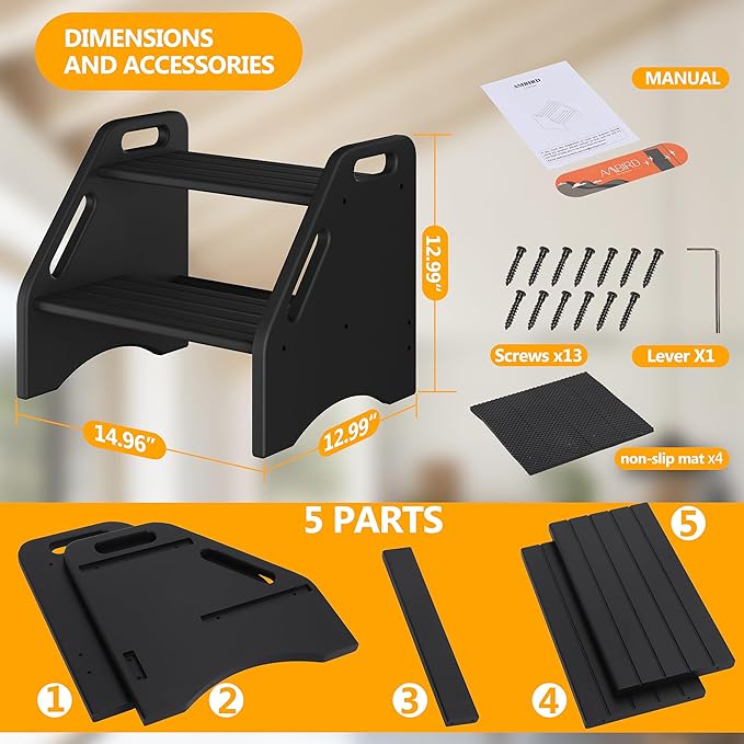 AMBIRD Wooden Step Stool, Two Step Stools 300 lbs Capacity with Safety Non-Slip Pads and Handles, Bamboo Step Stool for Bathroom, Kitchen Step Stools Dual Height Step Stools for Adults (Black)