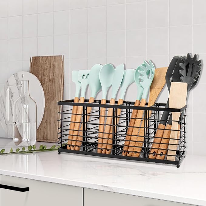 RedCall 4 Compartments Utensil Holder,Extra Large Cooking Utensil Organizer for Countertop,Black Metal Spoon Spatula Holder,Kitchen Tools Storage Holder,Kitchen Decor (4 Compartment)