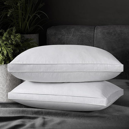 UNIKOME Goose Down Feather Pillows with 100% Cotton Cover, Set of 2 Gusseted Bed Hotel Collection Pillows for Sleeping, Queen Size
