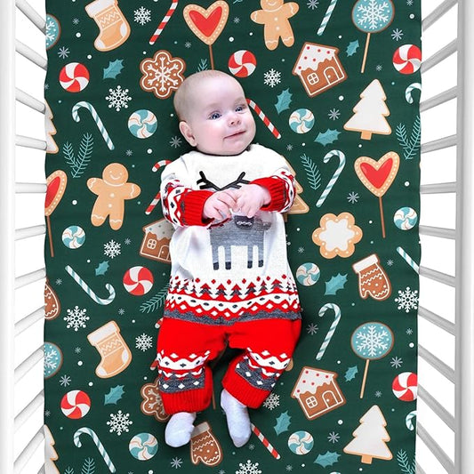 JISEN Christmas Crib Sheet Gingerbread Fitted Crib Sheet for Boys Girls Crib Mattress Cover Baby Sheet for Standard Crib and Toddler Mattress Soft Breathable Baby Bed Sheet for Neutral 52x28 Inch