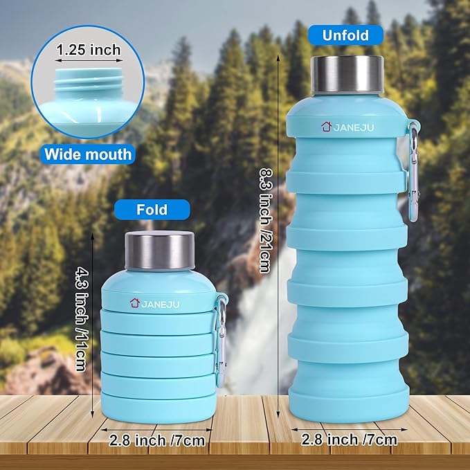 JaneJu Collapsible Water Bottle, 17oz BPA Free Silicone Reusable Portable Lightweight Foldable Water Bottles with Carabiner, Portable Leak Proof Sports Water Bottle (Army Green)
