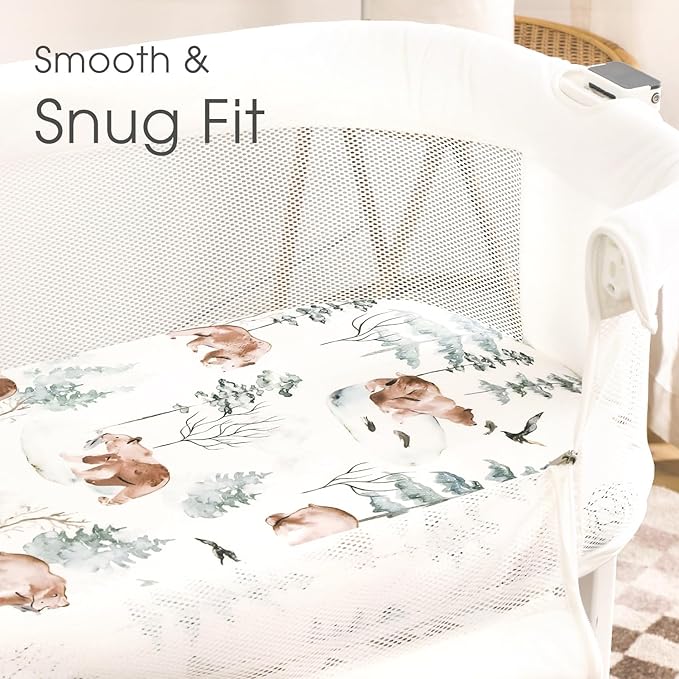 Stretchy Bassinet Mattress Sheets, Ultra Soft Bassinet Sheet 2 Pack, Universal Fitted for Oval Hourglass Rectangular Bassinet Mattress Pad Safe and Snug, Stylish Pattren of Bear and Wolf Print
