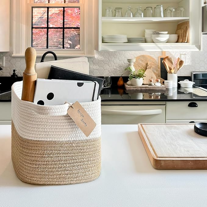 Goodpick Woven Storage Baskets for Organizing, Dog Toy Basket Medium Empty Gift Basket with Handles, Square Wicker Basket, White and Jute Storage Bin, 13.5 x 11 x 9.5 Inches