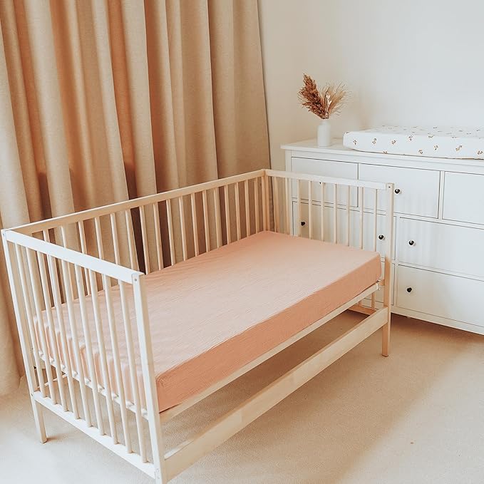 Konssy Muslin Fitted Crib Sheets 100% Cotton Baby Crib Sheets for Standard Crib Mattress (28 X 52 Inches), Soft and Breathable for Boy Girl(Peach)