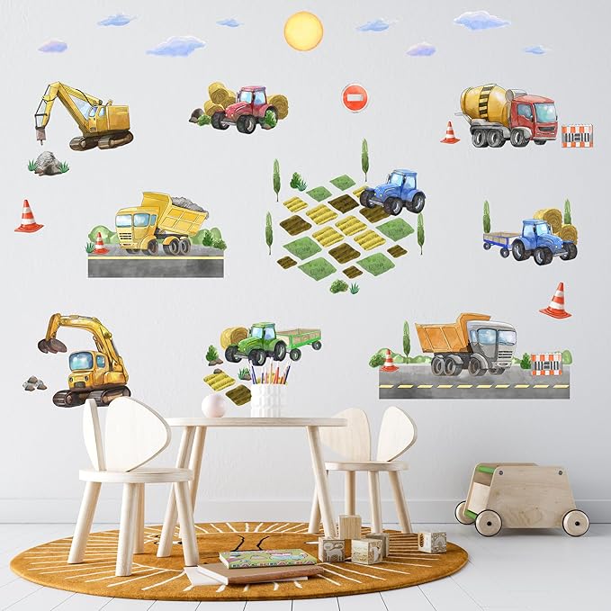 Large Car Wall Decals for Kids by Lipastick - 58 pcs Transports Wall Stickers Peel and Stick Truck Stickers – Construction Cars Wall Decals - Tractor Excavator City Nursery Playroom Wall Décor L Size
