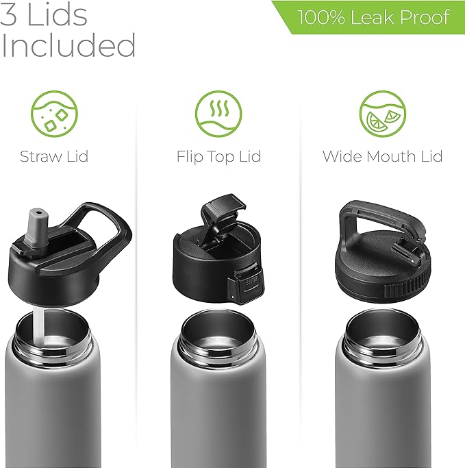SipX™ Triple-Insulated Stainless Steel Water Bottle 25oz. With 3 Lids, BPA-Free Reusable Insulated Water Bottle Keeps Cold 24 Hours, Metal Water Bottle Made Of Sustainable Material For Hiking & Biking