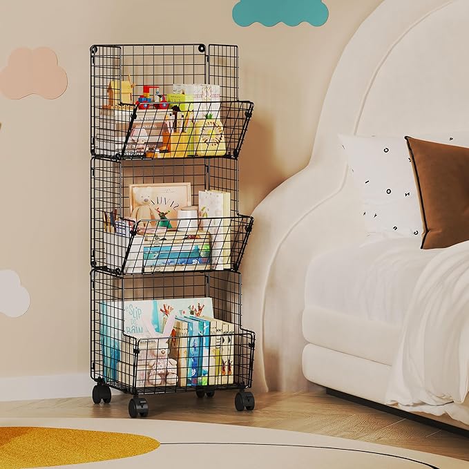 Sonyabecca Toy Organizer Basket Shelf with Wheel, S-Hooks, Rolling Cart Hanging Storage Baskets for Child Room, Playroom, Bedroom, Kitchen (Black)