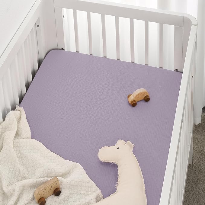 TILLYOU 2 Pack Muslin Crib Sheet for Boys and Girls - 100% Cotton Fitted Crib Sheet for Toddler Standard Crib Mattress, Soft and Breathable, 52"x28"x8",Light Purple&Light Pink