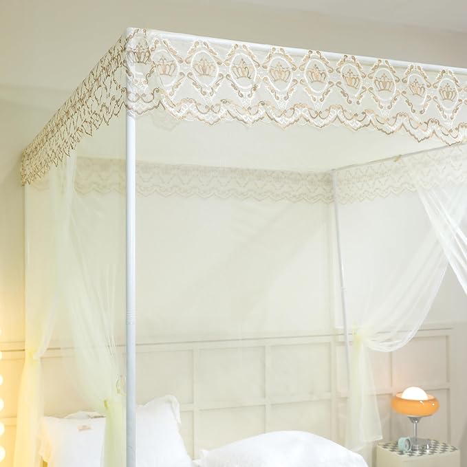 Bed Canopy, Princess Bed Curtain Net for Girls & Adults，Three-Doors Rectangle Lace Dome Netting (Yellow, King)