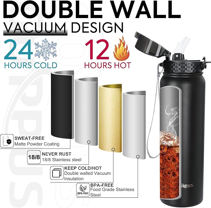 GOPPUS 32 oz Sports Water Bottle 1 Liter Double Wall Insulated Stainless Steel Water Bottles with Straw Lid Reusable Leak proof Metal water bottles with Strap Handle(Black 1 lid)