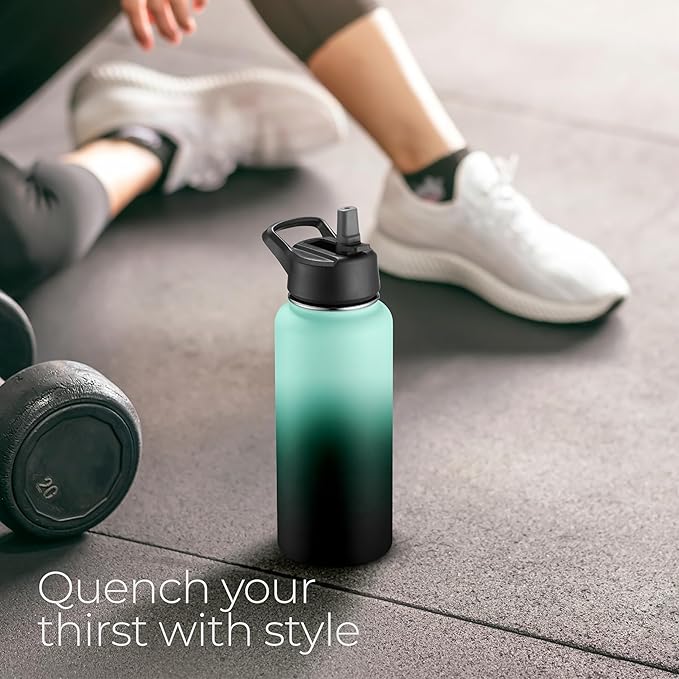 SipX™ Triple-Insulated Stainless Steel Water Bottle 32oz. With 3 Lids, BPA-Free Reusable Insulated Water Bottle Keeps Cold 24 Hours, Metal Water Bottle Made Of Sustainable Material For Hiking & Biking