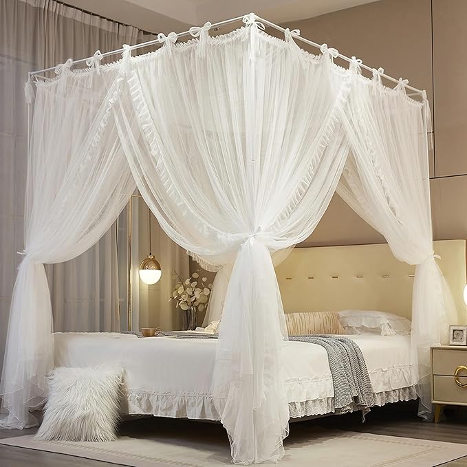 4 Corners Post Princess Curtain Bed Canopy Lace Up Double Layer 4 Opening Mosquito Net Mesh for Girls Bedroom Decoration(White, 64" W*82" L*82" H/Queen)