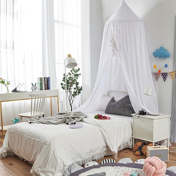 Bed Canopy for Boys Girls,Crib Canopy Curtains,Extra Large Dome Mosquito Net Reading Nook Canopy for Kids Boys Twin Full Queen Size Bed,Fire Retardant Fabric (White)