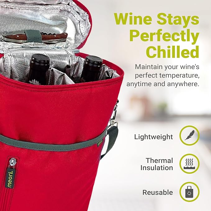 meori 2-Bottle Insulated Wine Tote + Tumbler Set with Lids Bundle Gifts for Wine Lover Women | Hibiscus Red