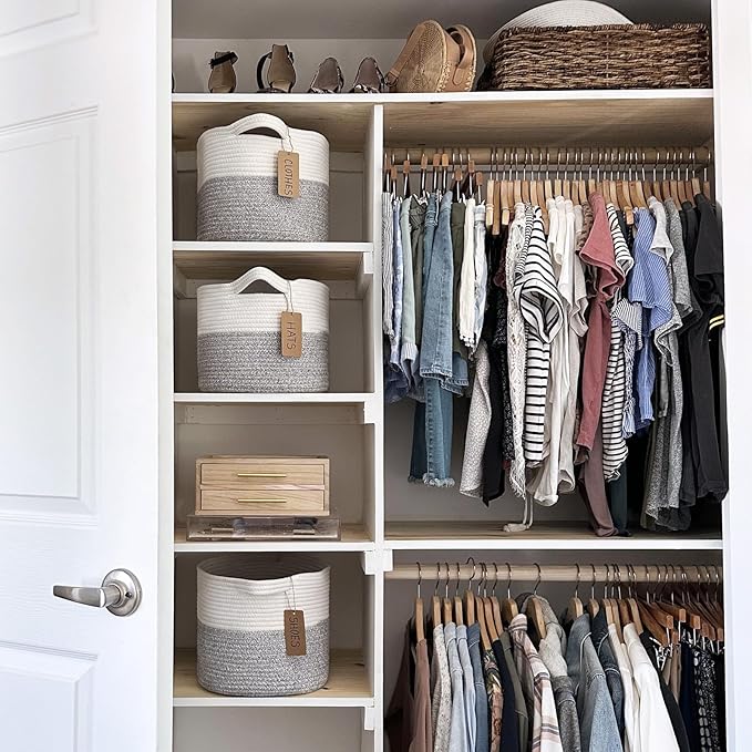 Goodpick Woven Storage Basket for Shelves, Small Laundry Basket for Cloth Towel Shoe, Empty Gift Basket with Handles, Grey and White Square Basket, 13 x 10 x 9 Inches