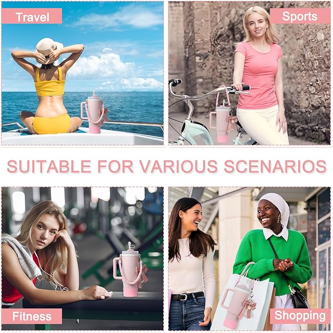 BELSITA Stanley Cup Accessories Set, Bow Pearl Chain Braided Design Water Bottle Handle Strap, Silicone Stanley Cup Boot, Stanley Charms for Stanley Cup 30/40oz Tumble (Pink)