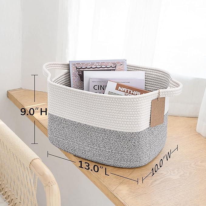 Goodpick Woven Storage Basket for Shelves, Small Laundry Basket for Cloth Towel Shoe, Empty Gift Basket with Handles, Grey and White Square Basket, 13 x 10 x 9 Inches