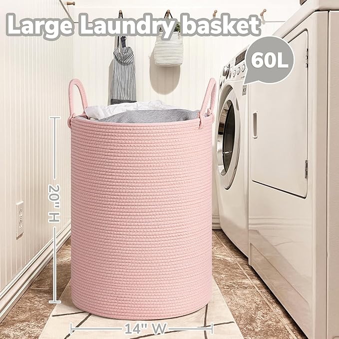 INDRESSME Pink Laundry Basket for Girls Kids Laundry Hamper for Nursery, Woven Rope Storage Basket for Living Room Girls room, Tall Basket for Blanket Storage Toys Bin, 19.7 x 13.8 inches