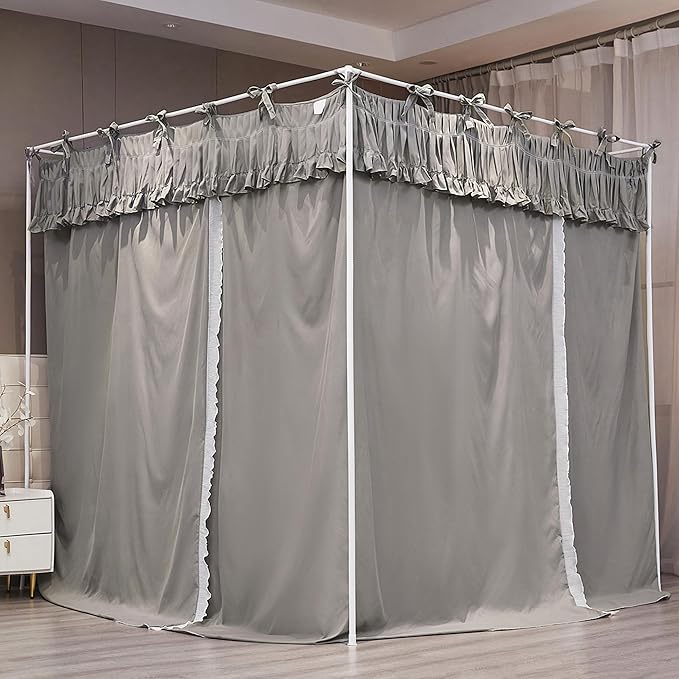 Ruffle Lace up 4 Corners Post Princess Curtain Bed Canopy Cozy Breathable Mosquito Net Cloth for Girls Adults Bedroom Decoration (Grey, 59" W*82" L*82" H/Queen)
