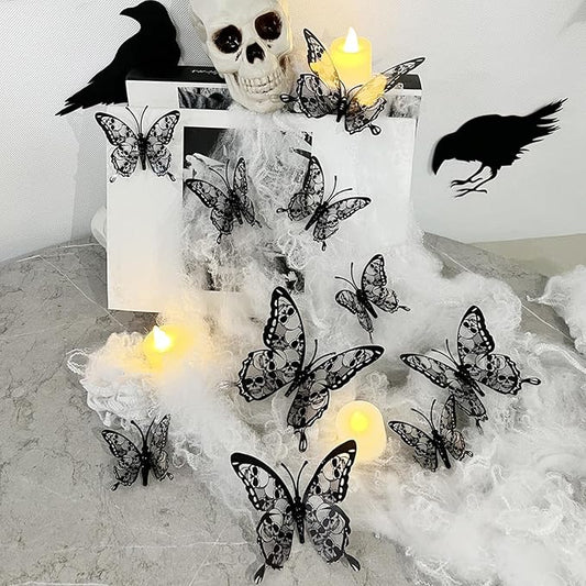Halloween Wall Decor 3D Skull Butterfly Wall Stickers Halloween Decorations Black Skeleton Butterfly Wall Decals Removable Skull Stickers for Gothic Home Decor Bedroom Room Window Supplies 12Pcs
