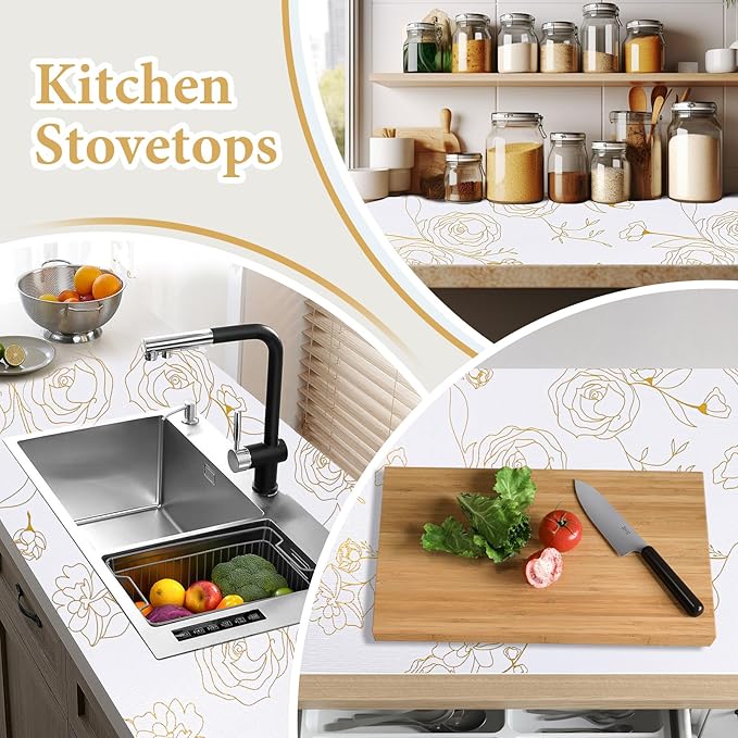 Shelf Liners for Kitchen Cabinets 17.5in x 30FT Non Adhesive Drawer Liner Gold Floral Thickened Shelf Liner Paper Strong Non-Slip Easy to Clean for Tool Box Refrigerator with Knife and Tape Measure