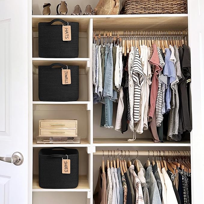 Goodpick Black Basket, Woven Baskets for Storage, Toy Baskets Storage Kids, Towel Basket with Handles, Storage Baskets for Shelves, Living Room, Bathroom, 13 x 10 x 9 Inches