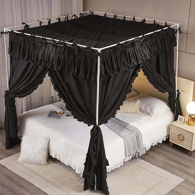 4 Corners Post Princess Ruffle Curtain Bed Canopy Lace Up Elastic Cozy Breathable Tent Mosquito Net for Girls Bedroom Decoration(Black, 47-53" W*78" L*82"*H/Full)