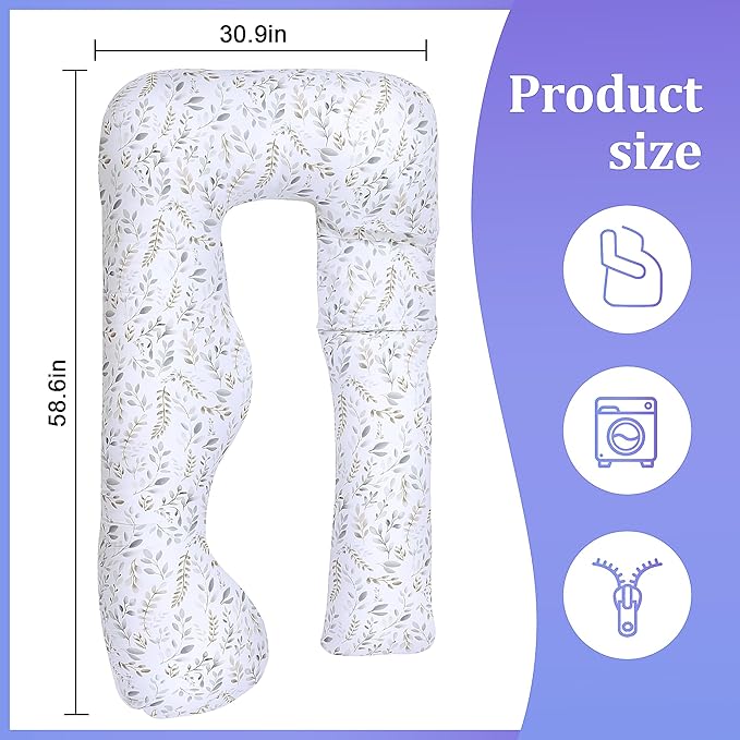 Floral Soft Pregnancy Pillow Cover (ONLY Pillowcase), U Shaped Luxurious Velvet Maternity Pillow Cover with Hidden Zip, Warm Large Pillow Protector for Side Sleeper, White, 59x31 in