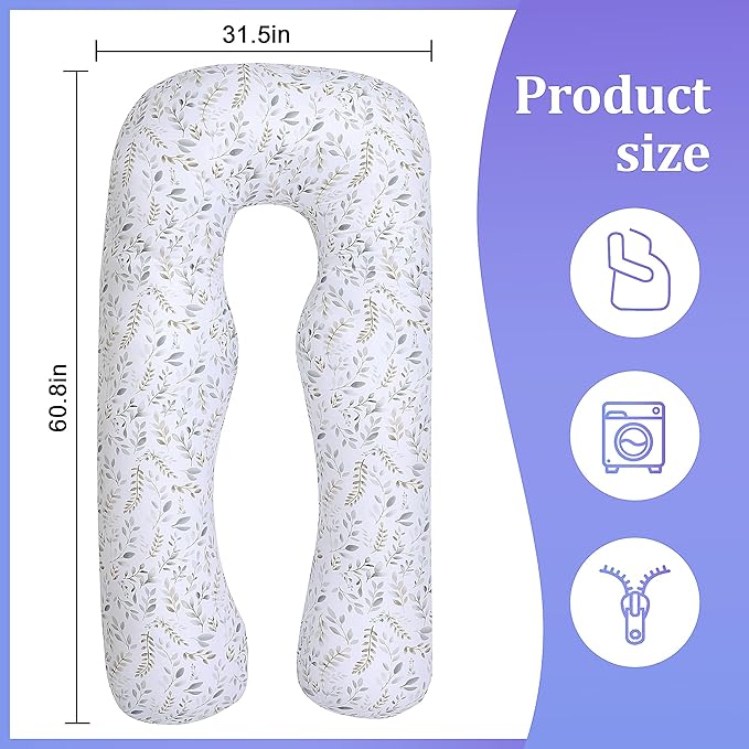 Floral Soft Pregnancy Pillow Cover (ONLY Pillowcase), U Shaped Luxurious Velvet Maternity Pillow Cover with Hidden Zip, Warm Large Pillow Protector for Side Sleeper, White, 61x31 in