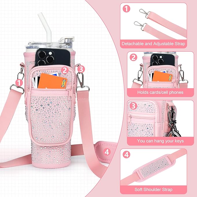 Bling Diamond Water Bottle Carrier Bag with Phone Pocket for Stanley 40/30 oz Tumbler with Card Holder,Neoprene Water Bottle Holder Pouch with Adjustable Strap for Stanley Cup Accessories
