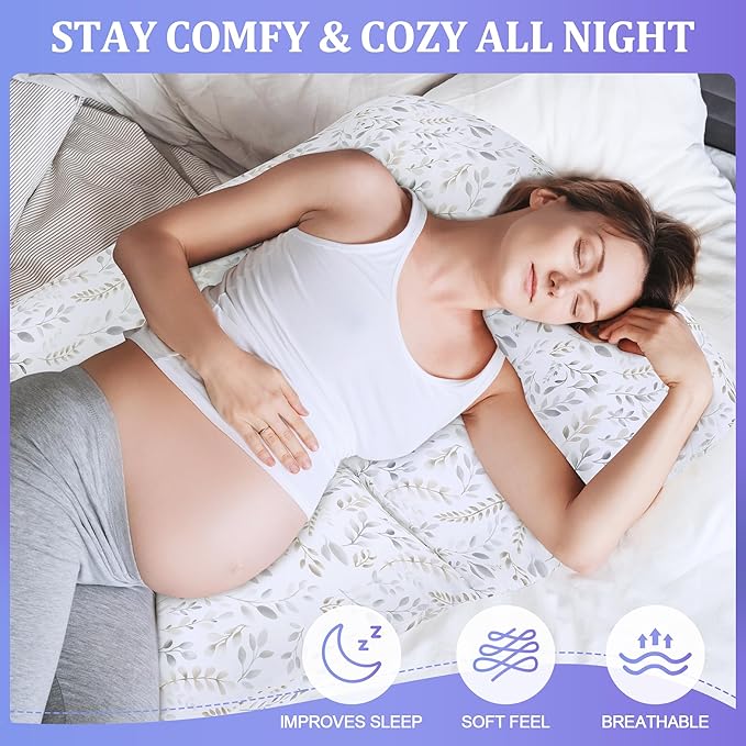 Floral Soft Pregnancy Pillow Cover (ONLY Pillowcase), U Shaped Luxurious Velvet Maternity Pillow Cover with Hidden Zip, Warm Large Pillow Protector for Side Sleeper, White, 59x31 in