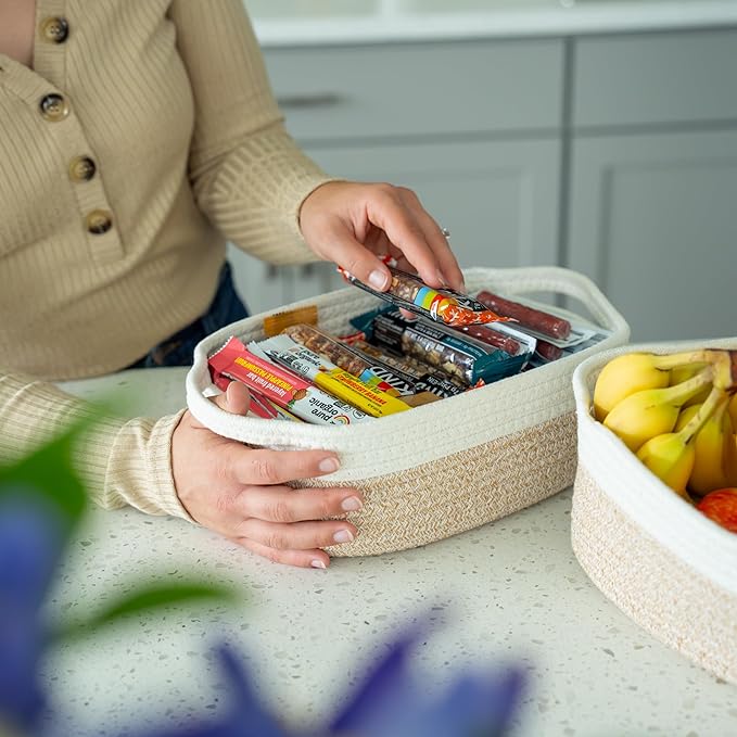 OrganiHaus Set of 5 Rectangle Bathroom Storage Baskets for Organizing, Small Woven Baskets for Storage Basket for Bathroom, Nursery Storage Basket for Baby Nursery Organization, Cute Bin, Honey/White