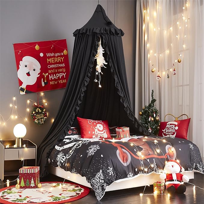 VETHIN Bed Canopy for Girls Kids,Princess Round Dome Children Dreamy Mosquito Net Bedding Girls Room Castle Play Tent Hanging House Decor Reading Nook Canopies (Black)