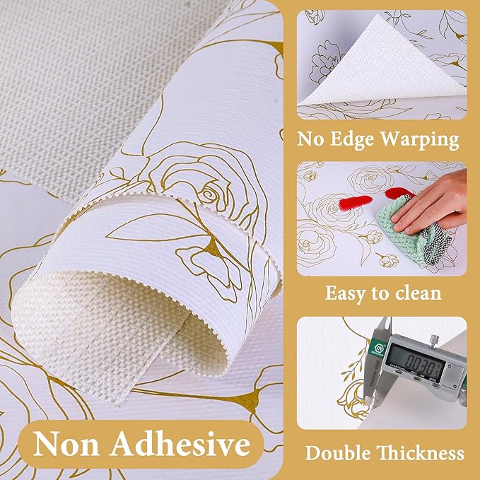 Shelf Liners for Kitchen Cabinets 17.5in x 30FT Non Adhesive Drawer Liner Gold Floral Thickened Shelf Liner Paper Strong Non-Slip Easy to Clean for Tool Box Refrigerator with Knife and Tape Measure