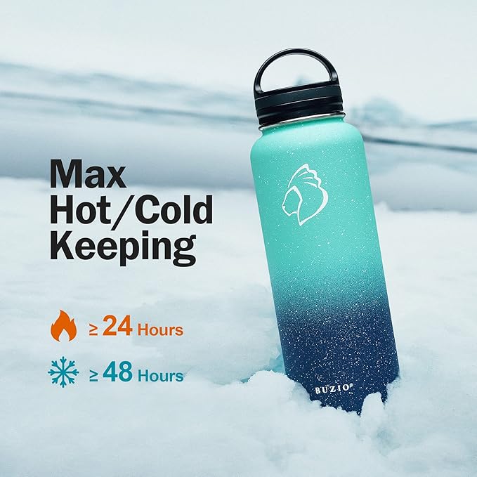 BUZIO Water Bottle with Straw lid, Spout Lid, Hand Lid and Carrying Pouch, 32oz 40oz 64oz Stainless Steel Water Flask Jug, Cold for 48 Hrs Hot for 24 Hrs Double Vacuum Thermo Canteen Mug, BPA-Free