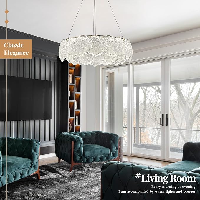 LED Crystal Glass Chandelier Dimmable Round Dining Room Chandelier Over Table Modern Gold Chandelier Lighting Fixture for Home Office Bedroom Living Room Kitchen 24in, 55W with Remote Control