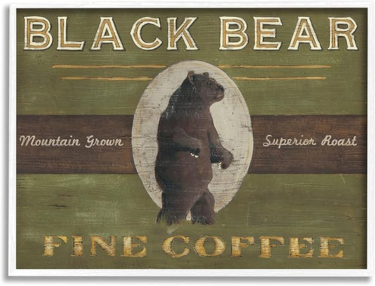 Stupell Industries Black Bear Fine Coffee Rustic Kitchen Mountain Animal, Designed by June Erica Vess White Framed Wall Art, 24 x 30, Green